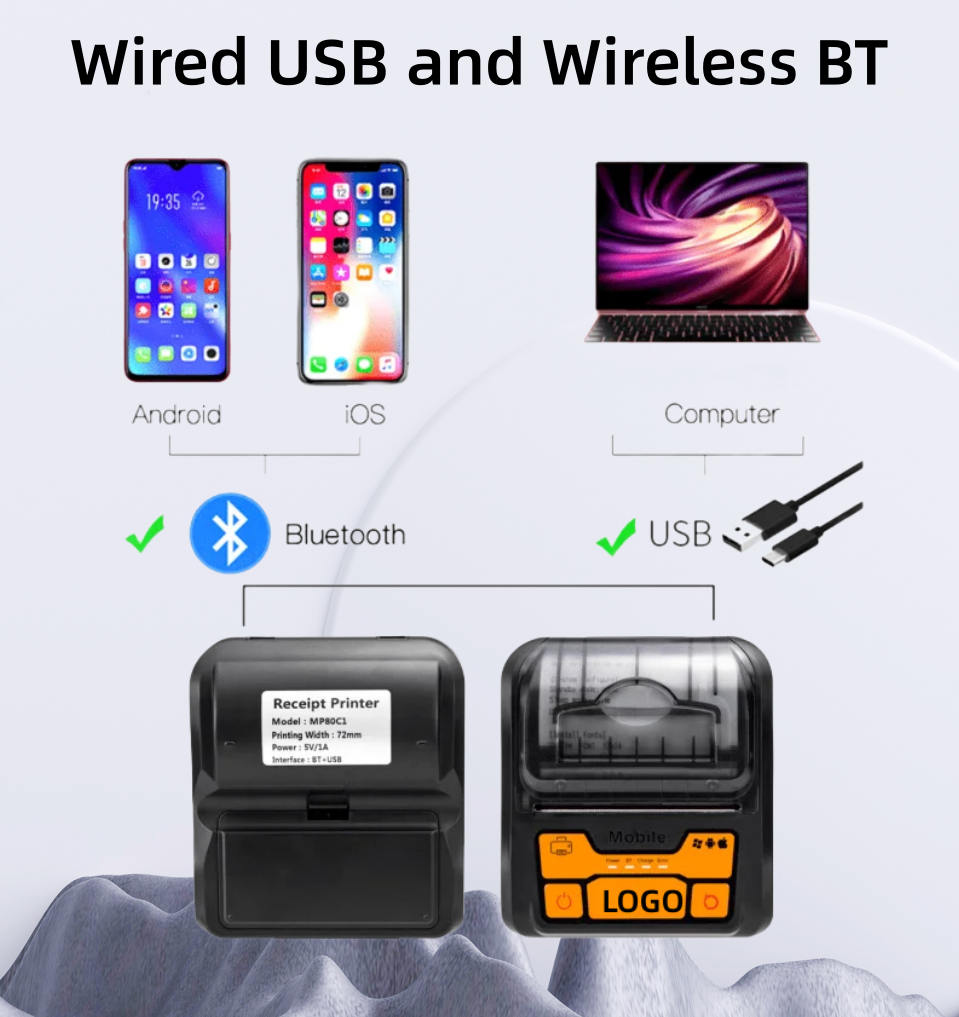 Portable Wireless 80mm POS Printer, Mobile Thermal Receipts Printer, USB & Bluetooth Connection, Compatible with Android and iOS /Windows