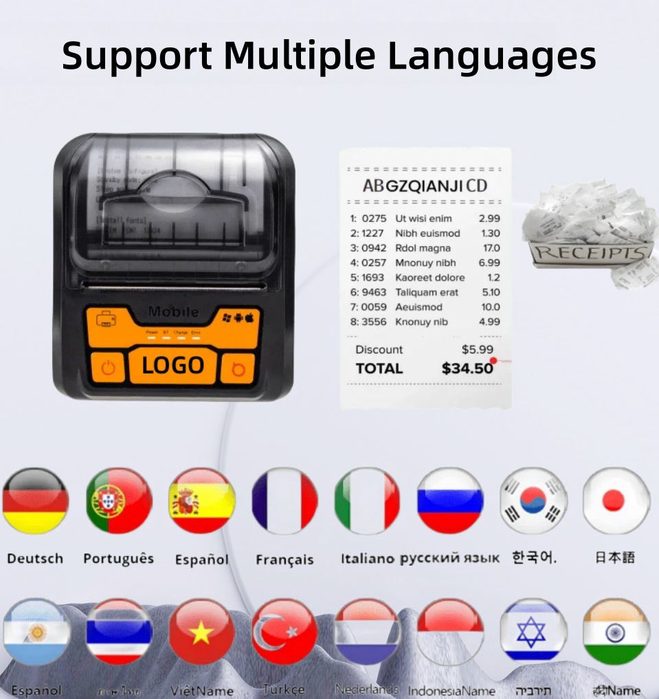 Portable Wireless 80mm POS Printer, Mobile Thermal Receipts Printer, USB & Bluetooth Connection, Compatible with Android and iOS /Windows