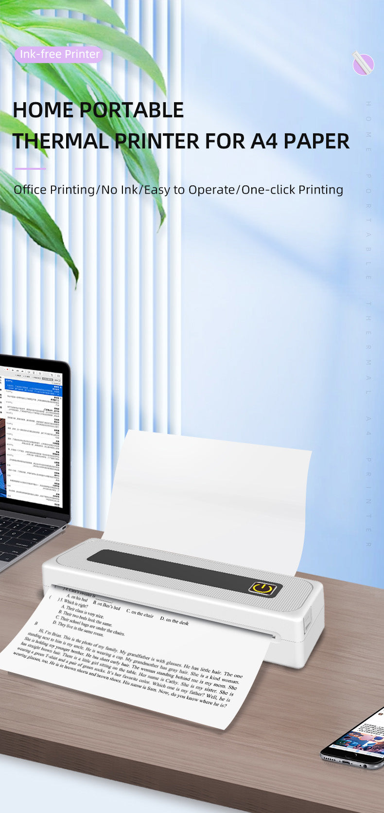 Portable Thermal Printer for Travel Mobile Inkless Printers, Wireless Small Printer for Home Use, Office, Vehicles, Bluetooth Printers Supports 8.5" x 11" US Letter & A4