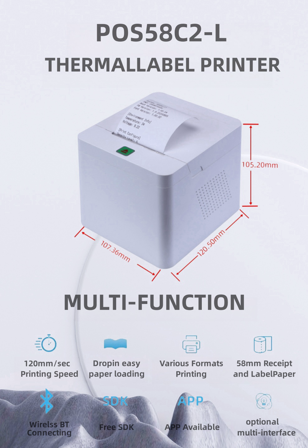 High Quality OEM Thermal Sticker Blue tooth Printer Pos Machine 58mm Pos Thermal Receipt Printer Support Cashbox Interfaces