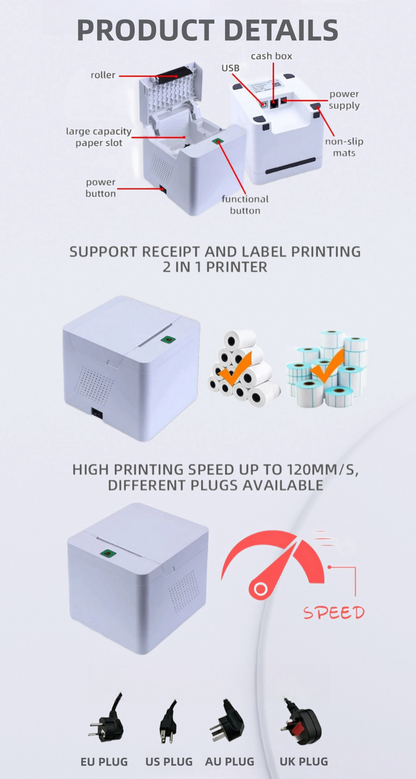 High Quality OEM Thermal Sticker Blue tooth Printer Pos Machine 58mm Pos Thermal Receipt Printer Support Cashbox Interfaces