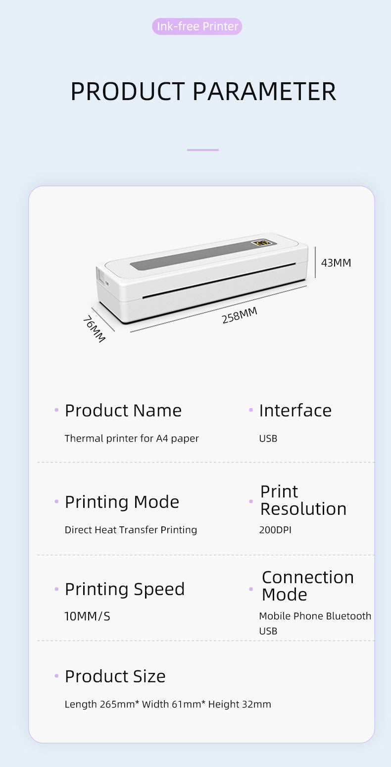 Portable Thermal Printer for Travel Mobile Inkless Printers, Wireless Small Printer for Home Use, Office, Vehicles, Bluetooth Printers Supports 8.5" x 11" US Letter & A4