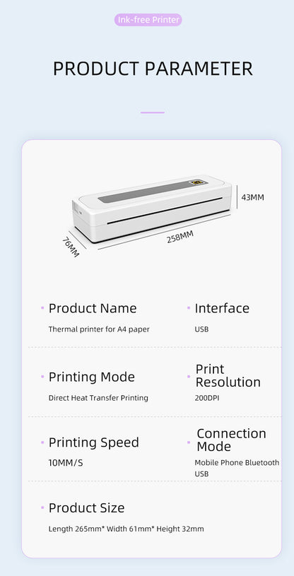 Portable Thermal Printer for Travel Mobile Inkless Printers, Wireless Small Printer for Home Use, Office, Vehicles, Bluetooth Printers Supports 8.5" x 11" US Letter & A4