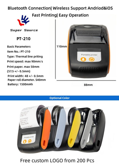 Portable Receipt Printer PT-210 BT Thermal Machine Wireless Hand Receipt Printer Without Ink For Android And IOS