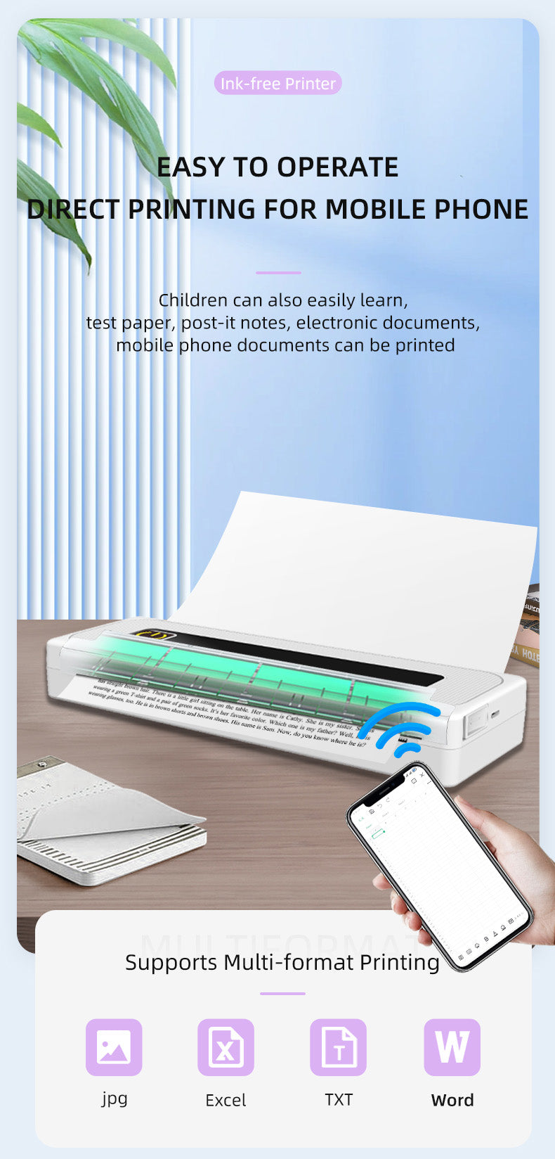 Portable Thermal Printer for Travel Mobile Inkless Printers, Wireless Small Printer for Home Use, Office, Vehicles, Bluetooth Printers Supports 8.5" x 11" US Letter & A4