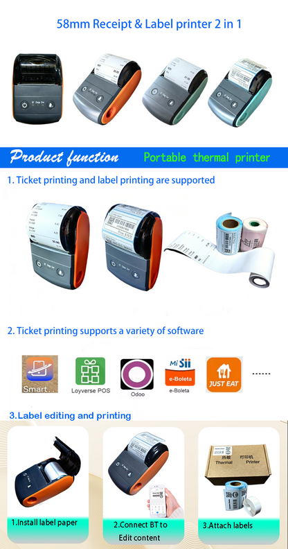 Bluetooth Thermal Receipt Printer, 58mm Thermal Shipping Label Printer, Portable Cordless Label Maker Machine for Office Retail Store Restaurant