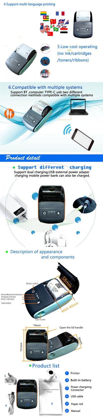 Bluetooth Thermal Receipt Printer, 58mm Thermal Shipping Label Printer, Portable Cordless Label Maker Machine for Office Retail Store Restaurant