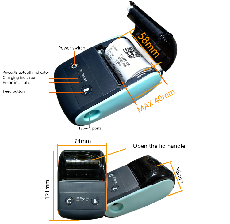 Bluetooth Thermal Receipt Printer, 58mm Thermal Shipping Label Printer, Portable Cordless Label Maker Machine for Office Retail Store Restaurant